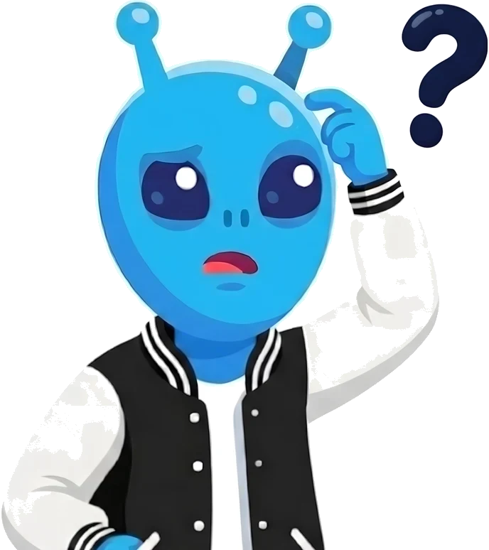 Personaje extraterrestre con chaqueta universitaria rascándose la cabeza junto a un signo de pregunta